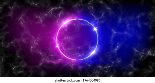 Pink and blue neon circle with light on black marble background. Round electric frame. Geometric fashion design vector illustration. Empty minimal ring, abstract art decoration on stone pattern.