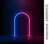 Pink blue neon light arch. Glow door in futuristic style with falling glitter effect. Abstract fairy arc with reflection in water under rain of luxury confetti vector illustration.