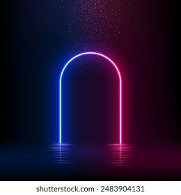 Pink blue neon light arch. Glow door in futuristic style with falling glitter effect. Abstract fairy arc with reflection in water under rain of luxury confetti vector illustration.