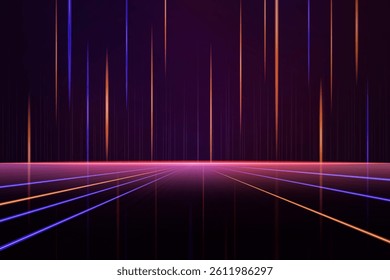 Pink and blue neon light rays. Vector retro futuristic background