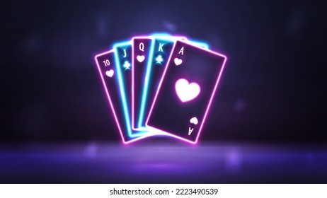 Pink and blue neon playing cards in dark empty scene. Neon casino elements