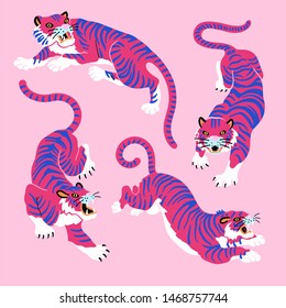 Pink and blue neon tigers. Vector illustration of tigers with tropical leaves on pink background. Trendy hipster design for card, poster, tshirt and prints.