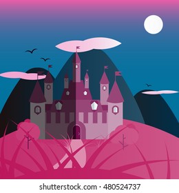 Pink and blue night castle landscape. Nice and simple illustration