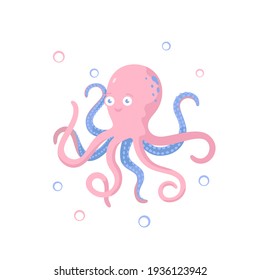 pink blue octopus character. fairy fun marine life. smile emotion and wild marine animals in ocean. underwater coral reef dwellers, undersea fauna. flat cartoon on white background