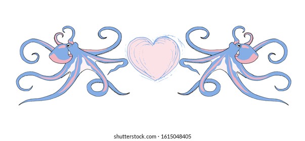 Pink and blue octopuses holding a heart. Cartoon flat style, lettering design. Romantic and tender print