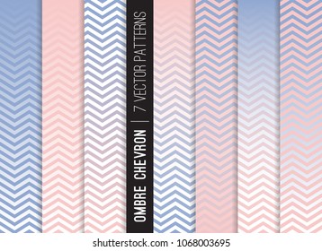 
Pink Blue Ombre Chevron Vector Patterns. Gradient Fade Texture Dip Dye Style. Gender Reveal Party Decor. Zigzag Stripes Blending into Solid Color. Horizontally Seamless Pattern Tile Swatches Included