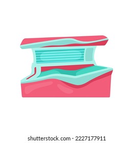 Pink and blue opened tanning bed illustration. Cosmetic procedure in spa salon, horizontal sunbathing machine or bed. Solarium, wellness, recreation, care, relaxation concept