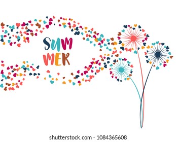Pink blue orange vector dandelion herbs, meadow flowers illustration. Floral background design with dandelion blowing plant. Summer flowers with heart shaped feather flying. Summer meadow blossom.