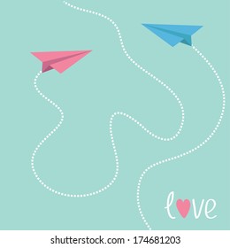 Pink and blue origami paper planes. Dash heart in the sky. Love card. Vector illustration.