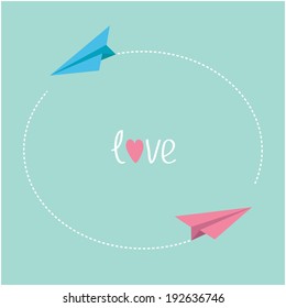Pink and blue origami paper planes. Round dash frame in the sky. Love card. Vector illustration.