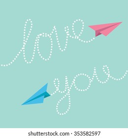 Pink and blue origami paper planes. Dash line text Love you in the sky. Greeting card.  Flat design.  Vector illustration.