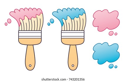 Pink and blue paint brush with stroke or splash blot isolated