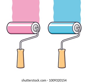 Pink and blue paint roller brush with stroke isolated
