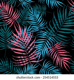 Pink And Blue Palm Tree Foliage On Black Background