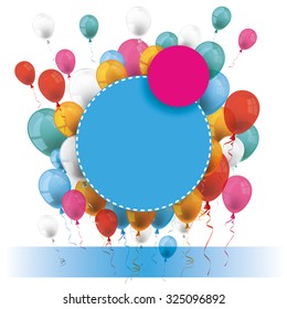 Pink and blue paper circles with colored balloons on the white. Eps 10 vector file.