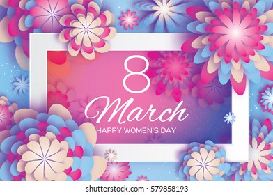 Pink Blue Paper Cut Flower. 8 March. Women's Day Greeting card. Origami Floral bouquet. Rectangle frame. Space for text on blue background. Happy Mother's Day. Vector Spring seasonal illustration