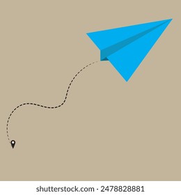 pink, Blue paper plane with dotted path. Vector design element