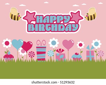 pink and blue party background with bees holding happy birthday sign
