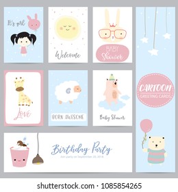 Pink blue pastel greeting card with balloon,giraffe,girl,sheep,bear and dessert