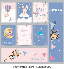 Pink blue pastel greeting card with balloon, rabbit,fox,monkey,moon,star,boy and cloud