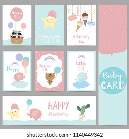 Pink blue pastel greeting card with skunk,star,bear,balloon,ice cream,narwhal,elephant,cactus,cloud and basket