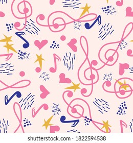 Pink, blue pastel pattern with musical notes and a treble clef. Template for festival flyers