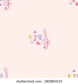 Pink, blue pastel texture with musical notes and a treble clef. Template for festival flyers