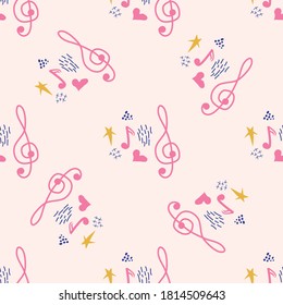 Pink, blue pastel texture with musical notes and a treble clef. Template for festival flyers