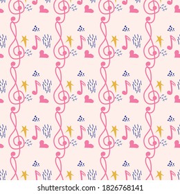 Pink, blue pastel texture with musical notes and a treble clef. Template for festival flyers