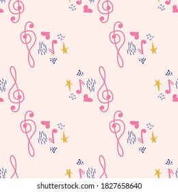 Pink, blue pastel texture with musical notes and a treble clef. Template for festival flyers