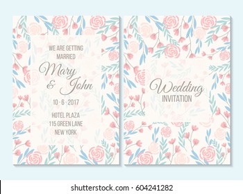 Pink and blue pastel Wedding invitation, thank you card, save the date card with flowers, rose, leaf, branch on white background. Elegant hipster rustic wedding invitation. Boho style.