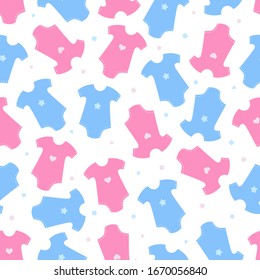 Pink and blue pattern with baby clothes. Gender reveal party