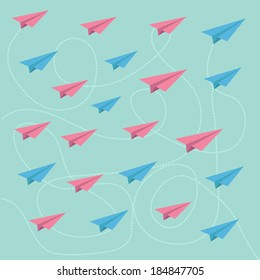 Pink and blue planes with dash lines. Pattern. Vector illustration.