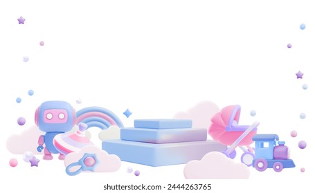 Pink and blue podium pedestal, product stage for baby shop 3D style advertising vector banner. Cartoon design with newborn care accessories and entertainment platform for presentation on white