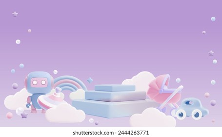 Pink and blue podium pedestal, product stage for baby shop 3D style advertising vector banner. Cartoon design with newborn care accessories, toys and entertainment. Platform for presentation on clouds