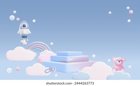 Pink and blue podium pedestal, product stage showcase for baby shop 3D style advertising vector banner. Cartoon design with newborn care accessories and entertainment platform for presentation in sky