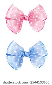 Pink and blue polka dot ribbon tied in bow. Vector watercolor illustration set