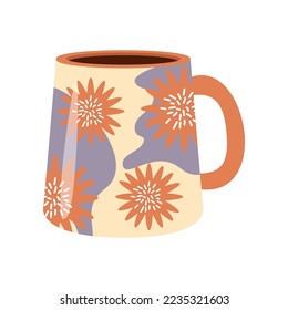 Pink and blue porcelain coffee and tea cup illustration. Ceramic mug for matcha, different beverages and drinks with cute Scandinavian pattern flat vector. Crockery, kitchen, cafe concept