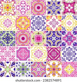 Pink and Blue Portuguese Azulejos Seamless Pattern Mosaic Tiles Checkered Vector Background, Ceramic Floor Tiles Design Wallpaper