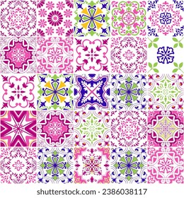 Pink and Blue Portuguese Azulejos Seamless Pattern Mosaic Tiles Checkered Vector Background, Ceramic Floor Tiles Design Wallpaper