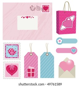 pink and blue postage set with stamps, bag and tags