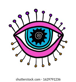 Pink blue psychedelic eye in cartoon comic style logo illustration spiritual poster print
