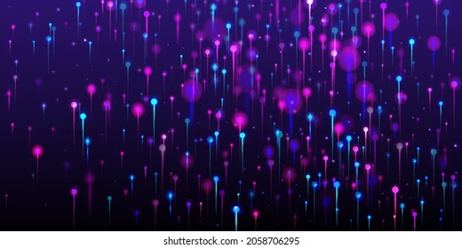 Pink Blue Purple Abstract Background. Network Technology Banner. Big Data Artificial Intelligence Ethernet Futuristic Wallpaper. Vivid Light Nodes Particles. Social Science Fiber Optics Light Pins.