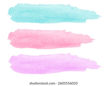 Pink, blue and purple brush strokes set. A collection of colourful brushes. Watercolour texture. Decoration, graphic design elements. Banner, brochure, poster, card. Vector illustration.
