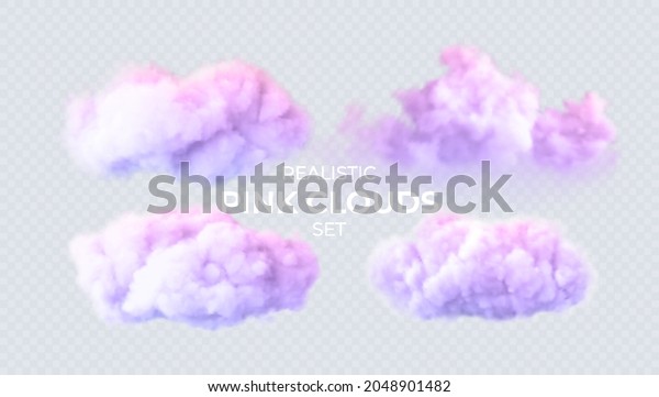 Pink, blue, purple clouds isolated on\
a transparent background. 3D realistic set of clouds. Real\
transparent effect. Vector illustration\
EPS10
