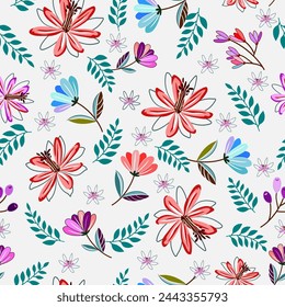 Pink, blue, purple flowers and leaves in spring. On a light background, seamless for digital printing, textiles, wallpaper.
