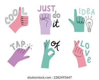 Pink, blue and purple gesture hand set with lettering. Stickers with concept of pointing, motivation, approval, new idea, love and satisfaction. 