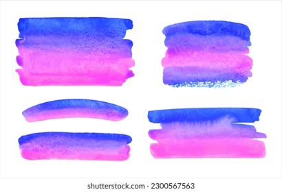 Rodamientos de pincel de color acuático de gradiente rosa, azul, morado, conjunto de rayas. Colección de carteles, forma rectangular. Las coloridas texturas pintadas de color acuático manchan. Plantilla de acuarela brillante, fondo de texto.