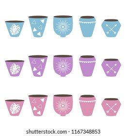 pink, blue and purple pots for home plants scandinavian style boho pastel illustration vector.