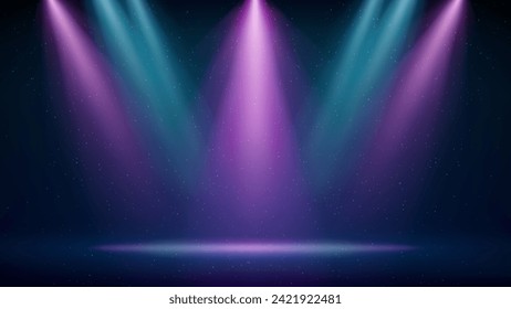 Pink blue purple spotlight backdrop. Illuminated blue pink stage. Background for displaying products. Bright beams of spotlights, shimmering glittering particles, a spot of light. Vector illustration